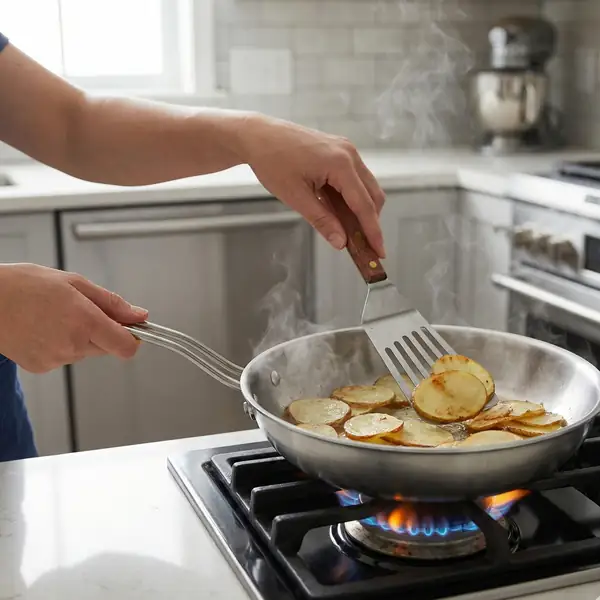 Cooking in a Chefle triply frying pan on a gas flame