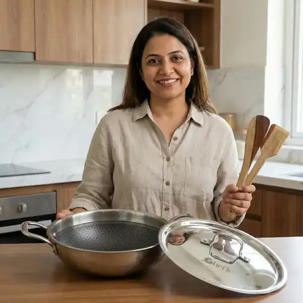Woman holding wooden spatulas beside a Chefle triply kadai in a modern kitchen
