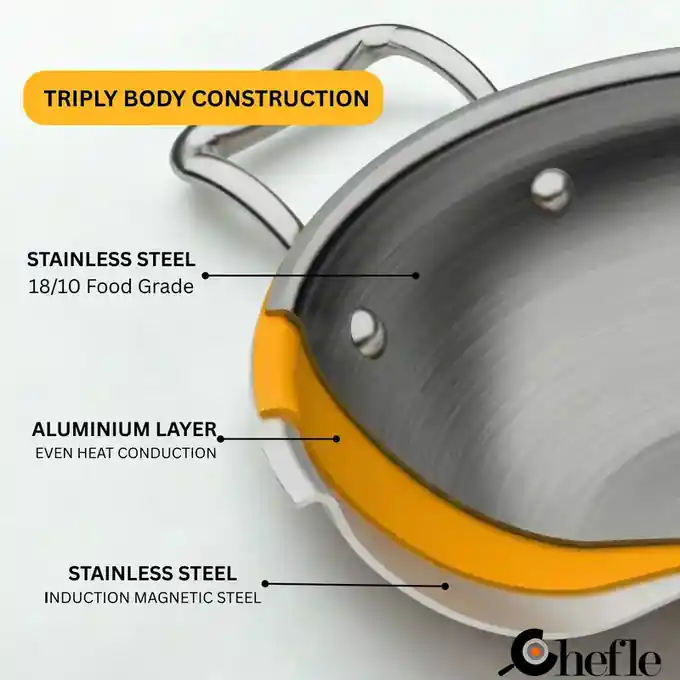 Chefle Triply Kadai three-layer body construction infographic