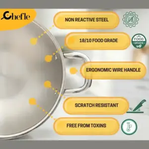 Chefle Triply Kadai features: non-reactive, food grade, scratch resistant, toxin free