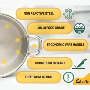 Chefle Triply Saucepot features: non-reactive, food grade, ergonomic handle, toxin free